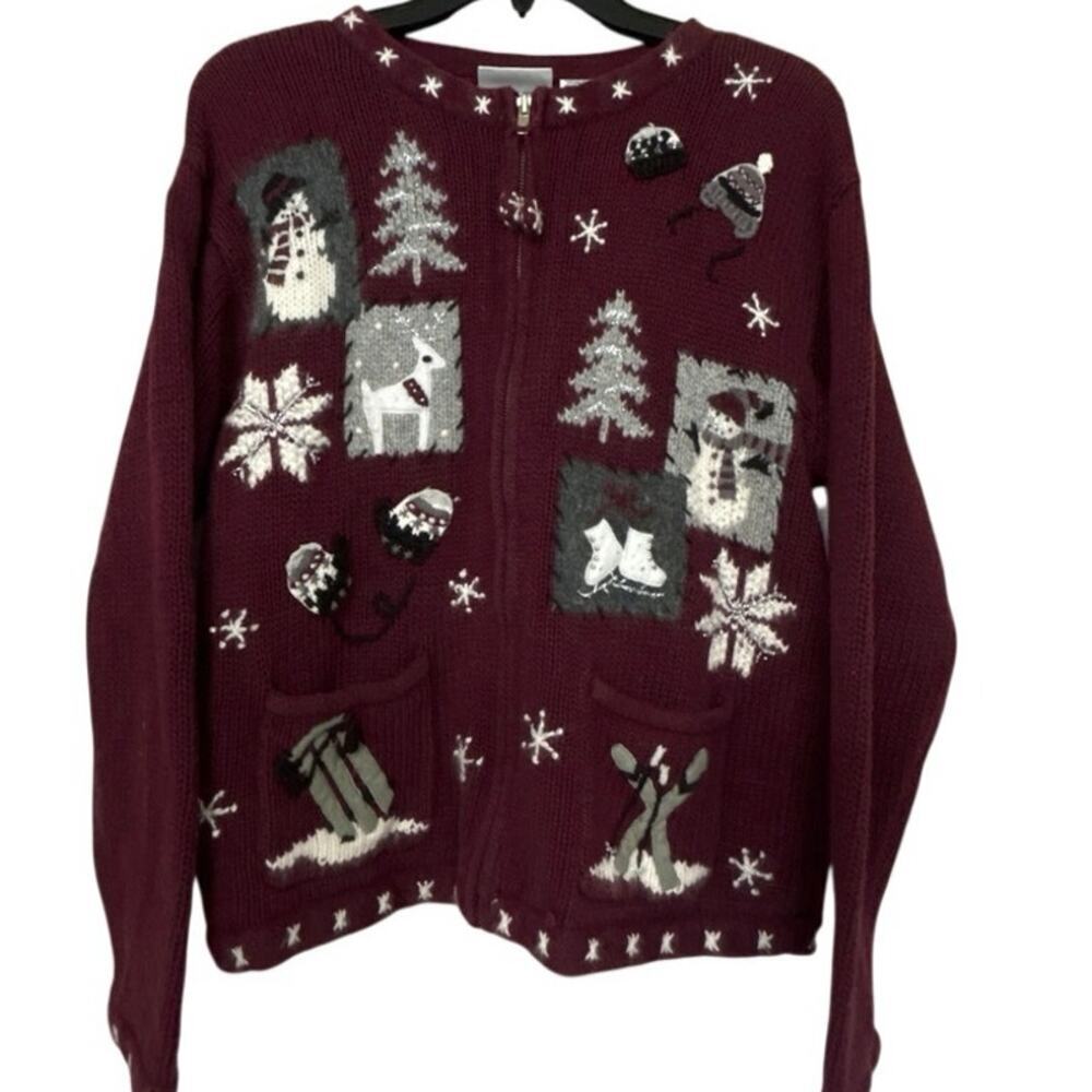 Vintage Novelty Embroidered Holiday Sweater Zip Cardigan Snowman Burgundy M